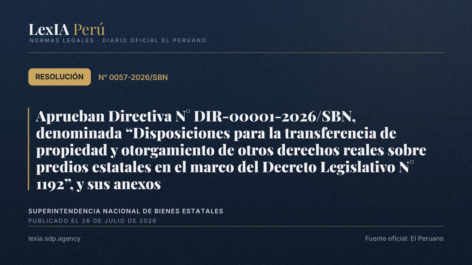 SBN aprueba directiva para transferir predios estatales (D. Leg. 1192)