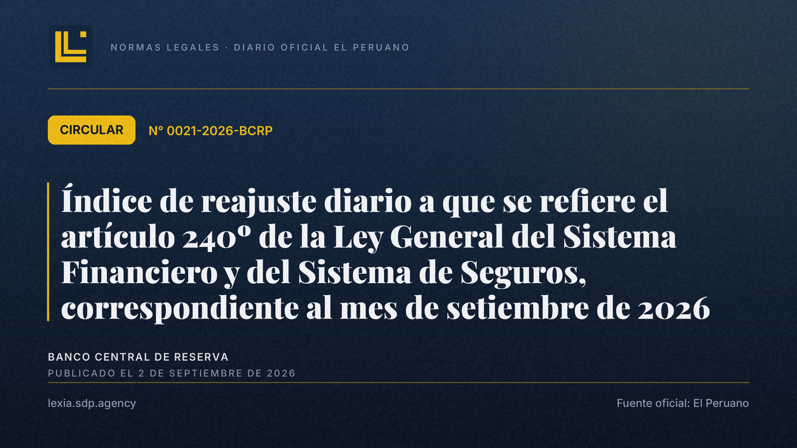 BCRP fija índice de reajuste diario para setiembre 2026