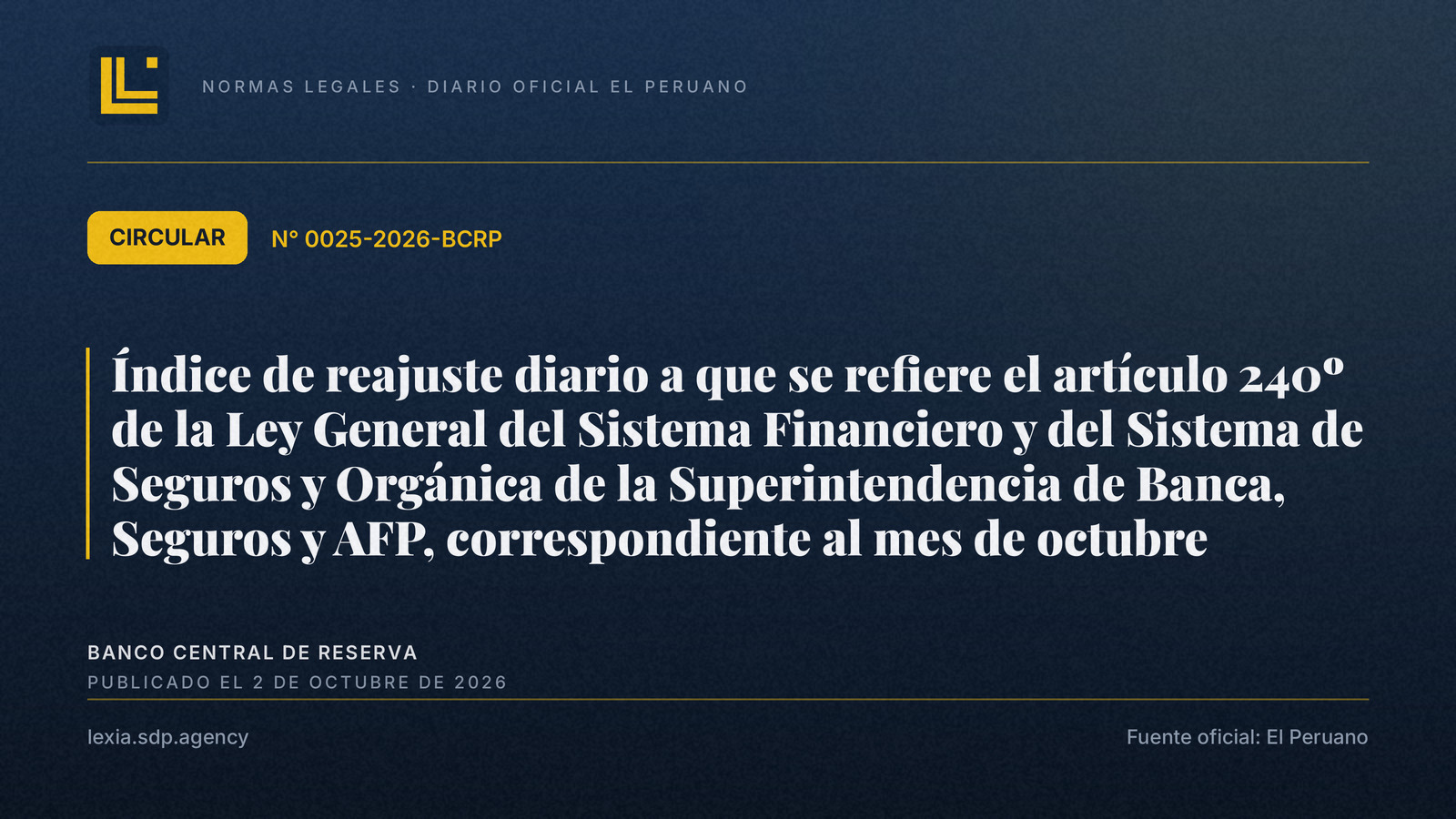 BCRP fija índice de reajuste diario para octubre 2026